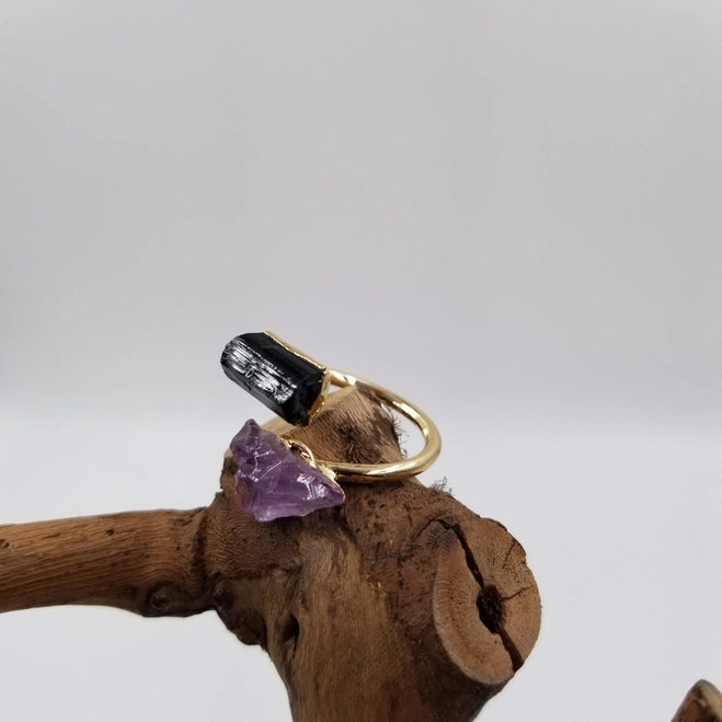 Natural Black Tourmaline Amethyst Adjustable Ring