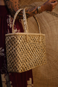 Handmade Tahitian Checkered Lauhala Woven Tote