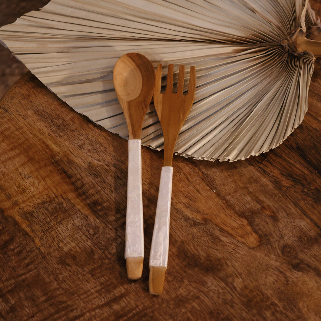 Wooden Spoon & Fork SET OF 2 with Capiz Handle