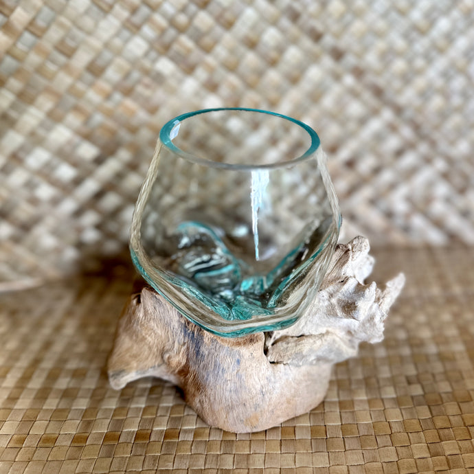Mini Hand Blown Glass On Wood Vase
