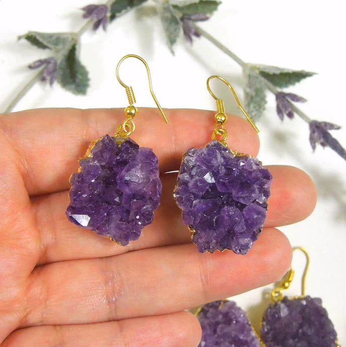 Raw Druzy Amethyst Gold Earrings