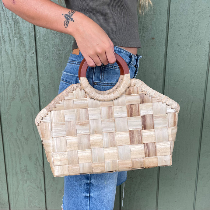 Brianna Large Woven Rattan and Leather Tote Large size in Tan