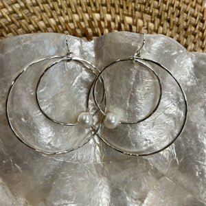 Beach Girl Jewels - Silver Double Hoop Pearl Earrings