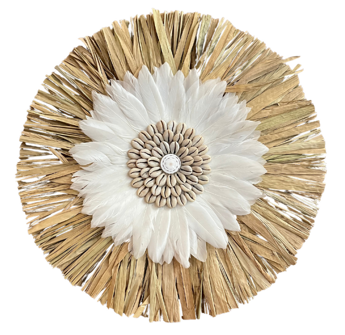 Raffia Circle Cowrie with Feather Decor