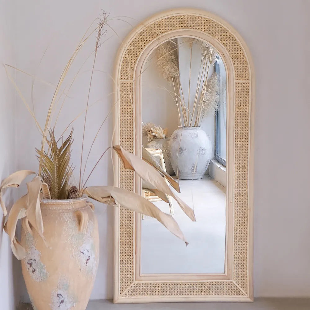 Rattan and Cane Standing Mirror